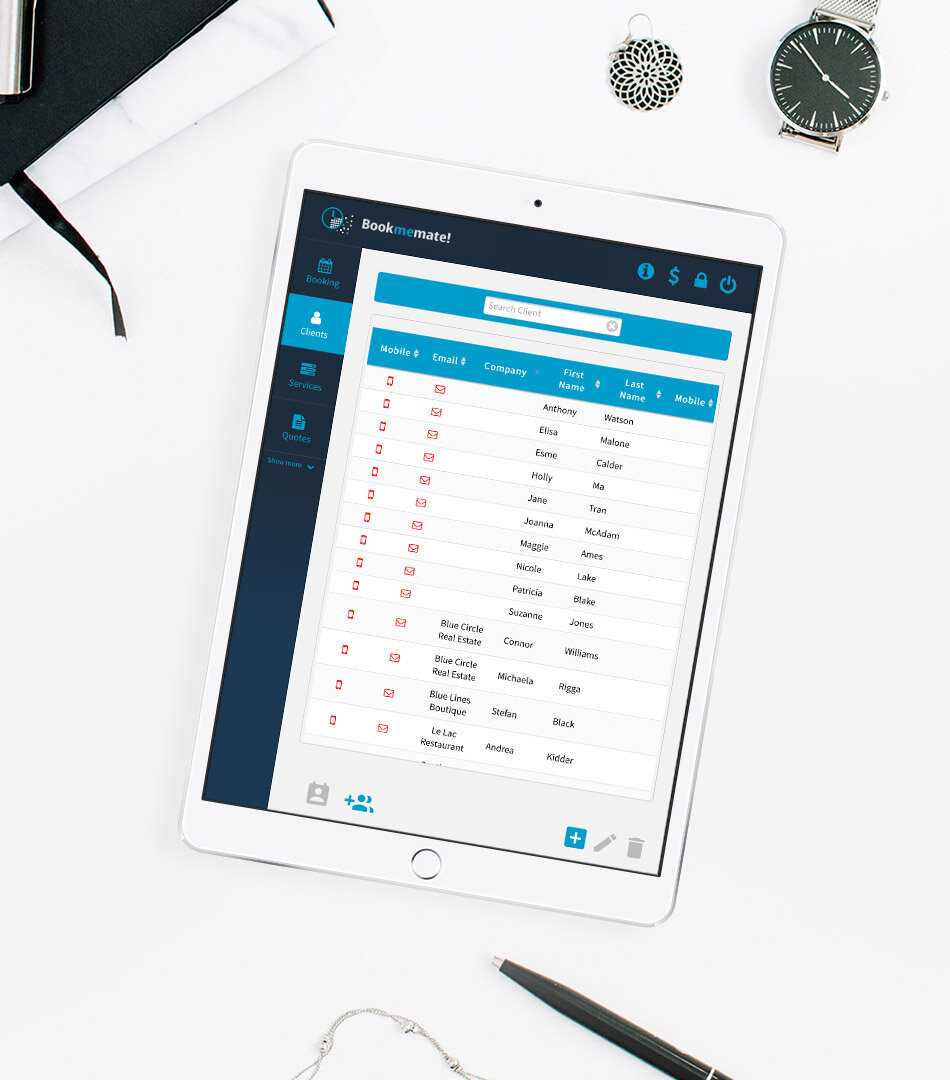 Tablet lying on table with Bookmemate`s list of clients shown