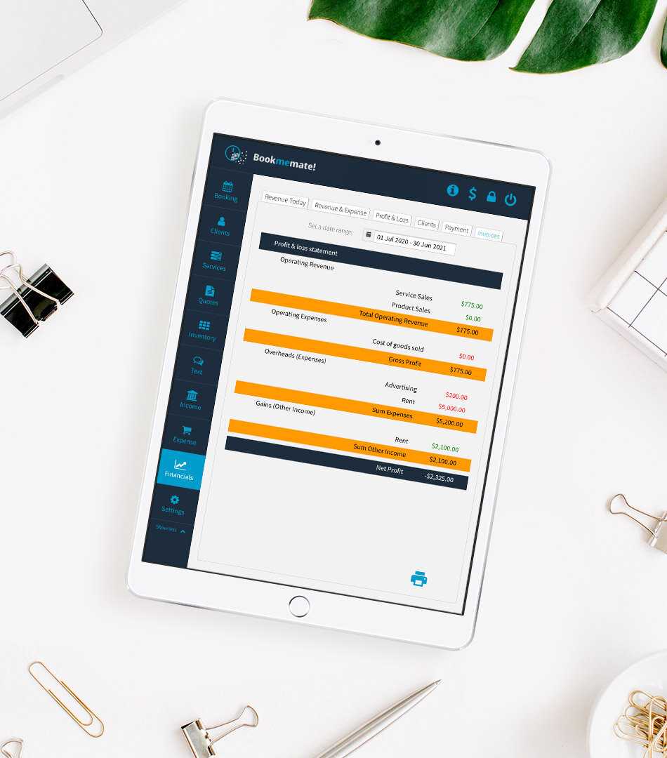 Tablet lying on table with Bookmemate`s profit and loss statement shown